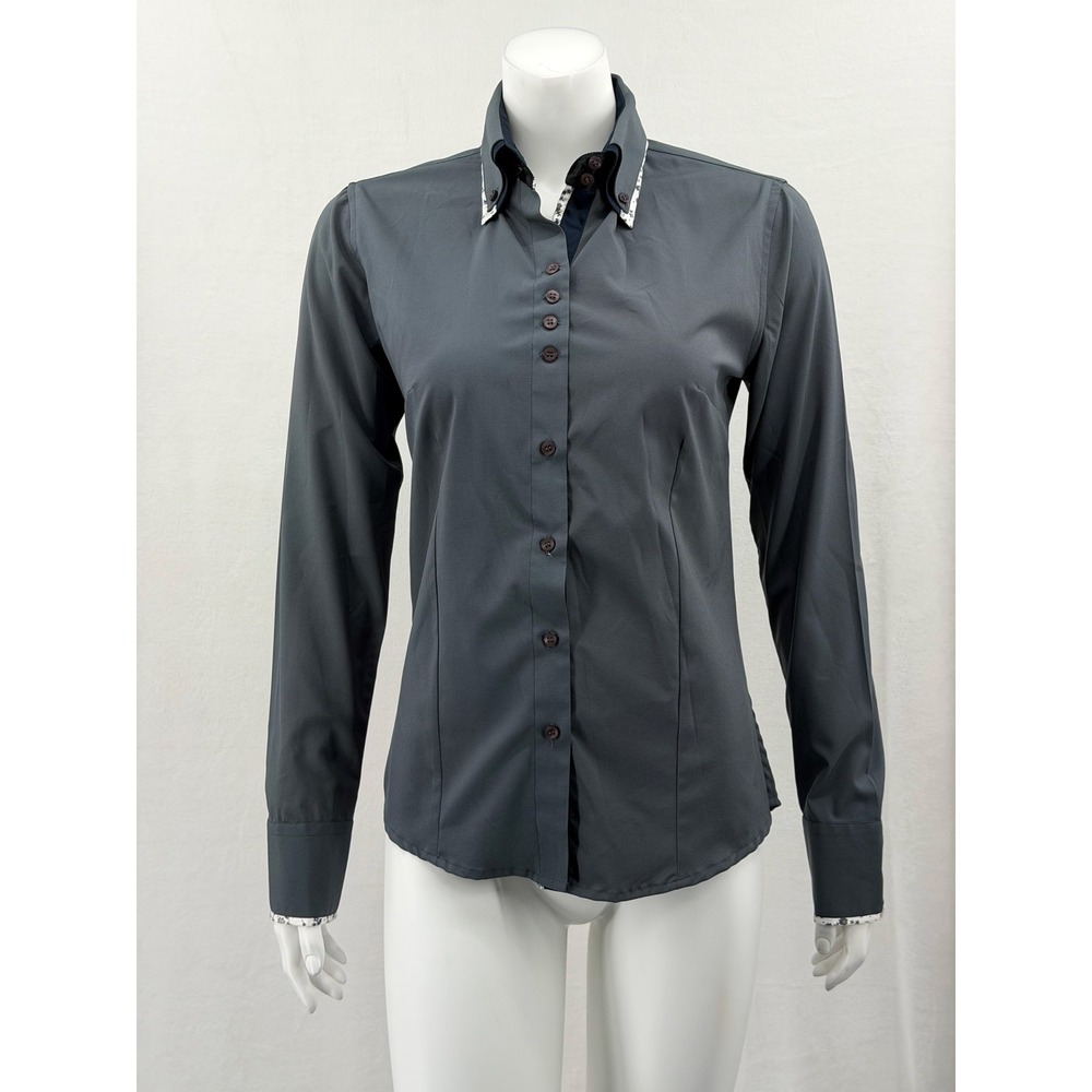Royal Highness Equestrian Top Womens Medium Gray Button Up Long Sleeve Preppy